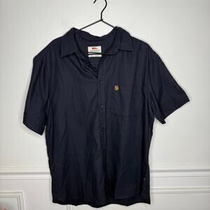 Fjallraven Ovik Travel Shirt Navy Blue Hemp Mens Large Short Sleeve Button Down